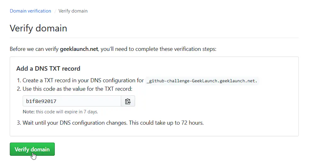 Clicking the &ldquo;Verify domain&rdquo; button back on GitHub