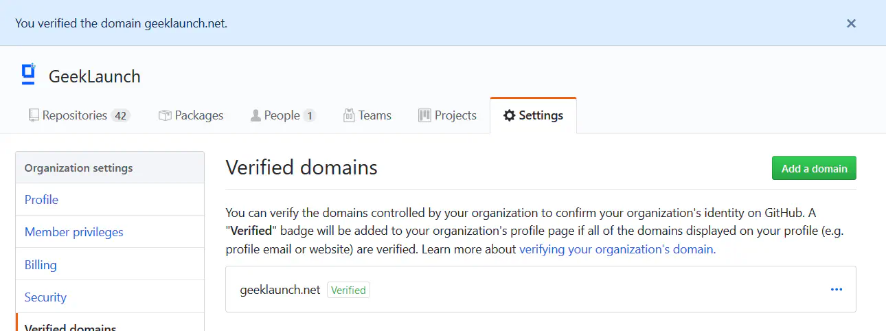 Successfully verified domain on GitHub